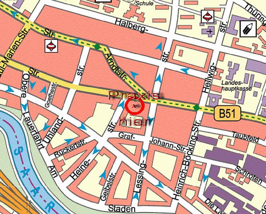 Stadtplan mit genauer Lage der Praxis